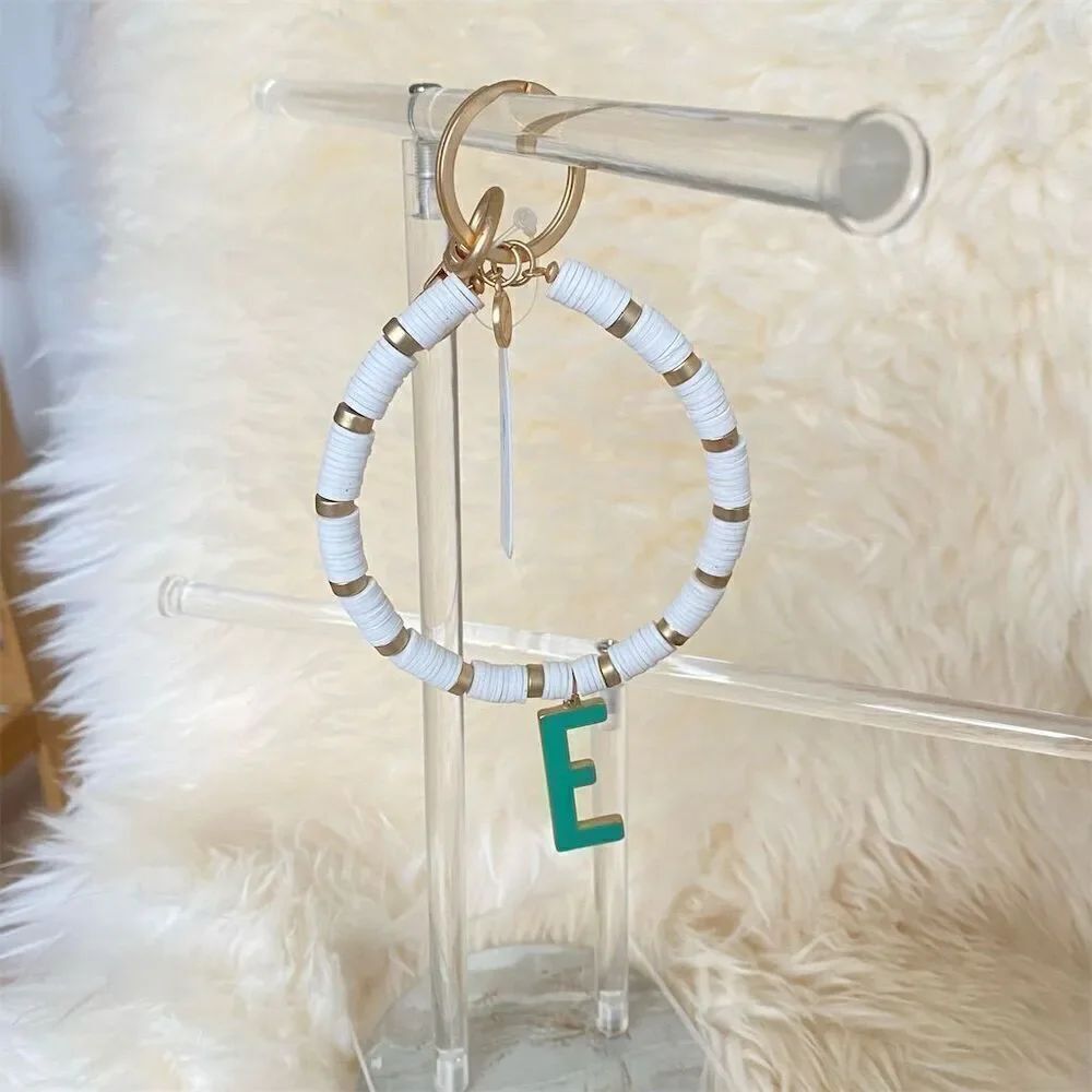 “E” Personalized Initial Keychain purse charm White & Gold Beaded Charm